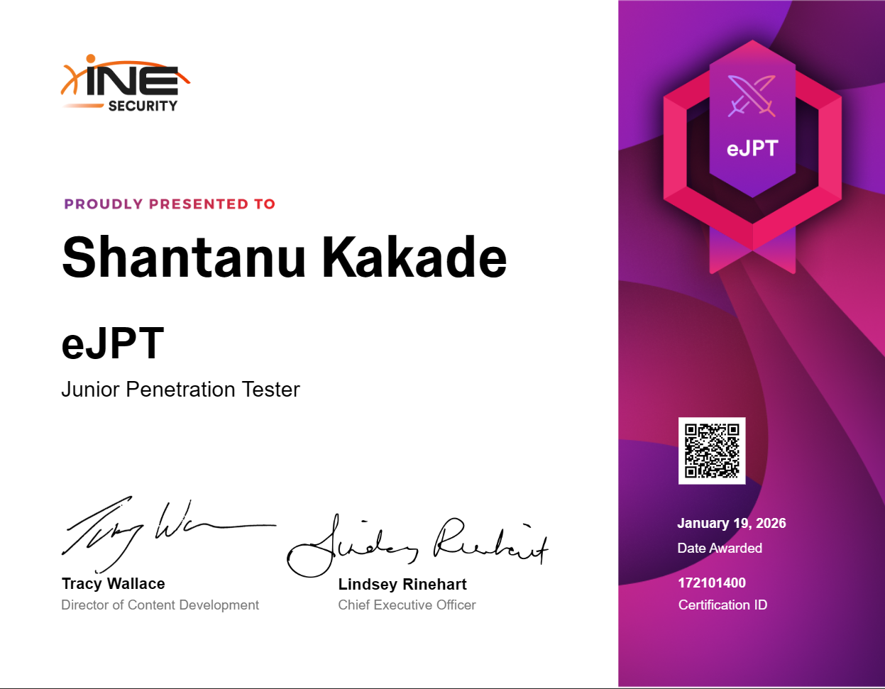 eJPT — Junior Penetration Tester certificate awarded to Shantanu Kakade